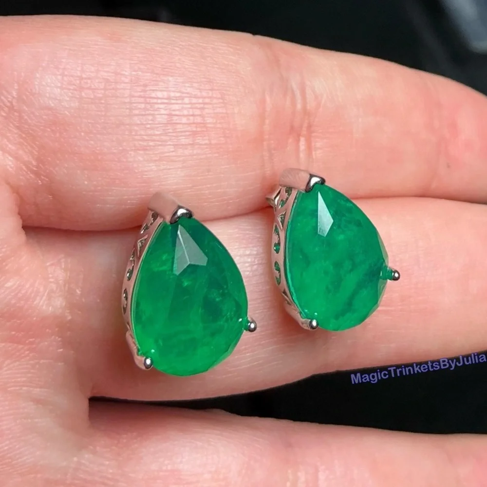 Colombian Emerald Earrings Silver Posts Pearcut Emerald Earrings